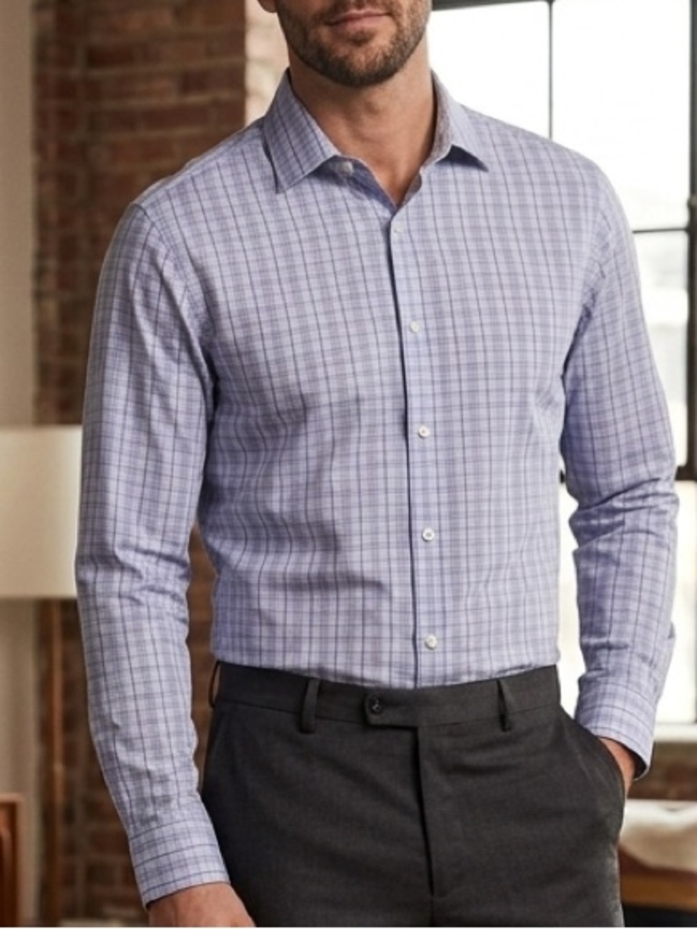 Banana Republic Men's Light Blue Plaid Dress Shirt